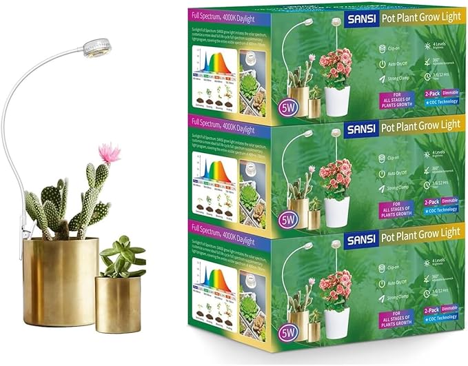SANSI Grow Lights for Indoor Plants LED Pot Clip Plant Light for Growing 4000K Full Spectrum Plant Growing Lamp with 4-Level Dimmable Auto On Off Timing 3 6 12 Hrs for Small Plants White 5V