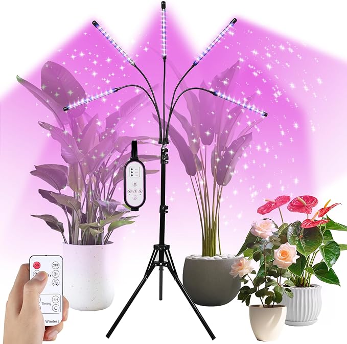 5-Head Floor Plant Lights - 15-63 Adjustable Stand Dual-Band Red/Blue LEDs - Remote Control &amp Auto Timer for Large Indoor Gardens Vegetables Flowering Plants (5-Head)
