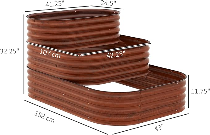 3-Tier Galvanized Steel Raised Garden Bed Kit 62.25 x 43 x 32.25 3 Combining Planter Boxes with Rubber Strip Edging Open Bottom for Backyard Garden Patio Brown