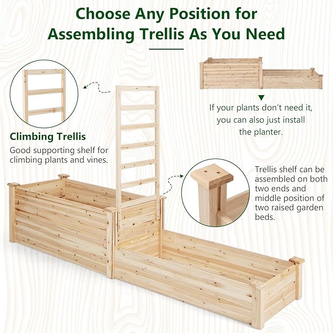 Giantex Raised Garden Bed with Trellis Set of 2 Wood Shallow &amp Deep Planter Box for Climbing Plants Cucumber Vegetables Flowers Herbs Fruits Easy Assembly Outdoor Rectangular Floor Gardening Be