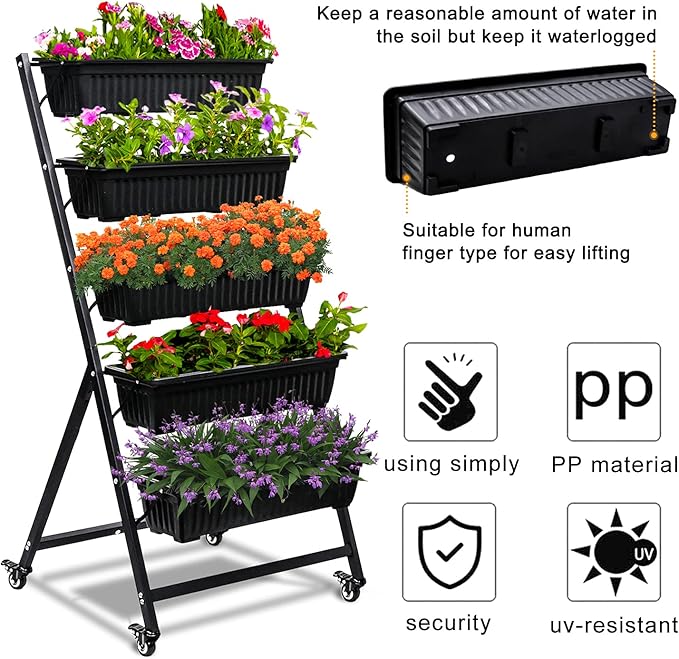 4.5-Ft Raised Garden Bed - Vertical Garden Freestanding Elevated Planter with 5 Container Boxes - Good for Patio or Balcony Indoor and Outdoor Black
