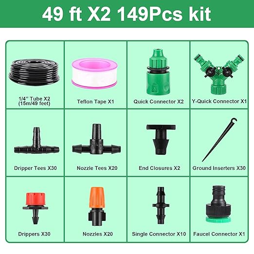 LasTool 98FT Drip Irrigation KitAutomatic Garden Watering System with 1/4 TubingAdjustable Mist Sprayer Nozzles &amp Drip Emitters for Raised BedPatioLawn Greenhouse-Easy DIY Installation