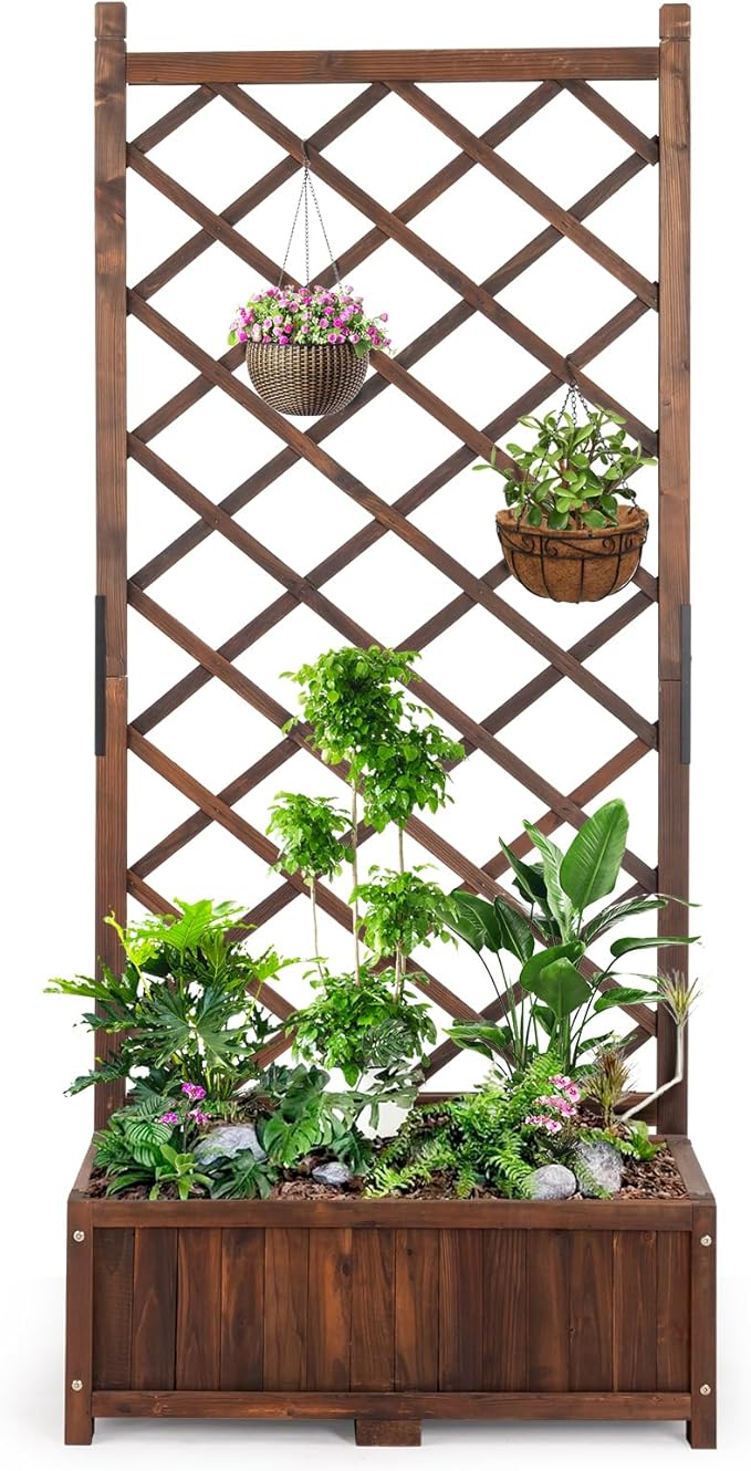 Wooden Garden Planter Raised Bed with Trellis Outdoor Wood Planter Box Garden Stander for Patio Yard 29.5 x 16.9 x 67 inches