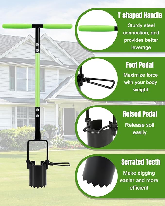Joyhalo Bulb Planter Tool Long Handle 30in Serrated Base 5 in 1 Lawn Tool Sod Cutter Grass Plugger Tool Weeding Transplanting Garden Hole Digger for Plants Flower Tulips Daffodils Lily