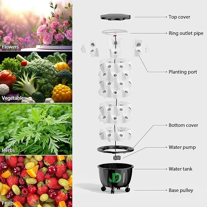 Aeroponic Tower Garden System Vertical Hydroponic Garden Tower Automatic Water Circulation Hydroponics Growing System Kit for Herbs Fruits and Vegetable(120cm/47)