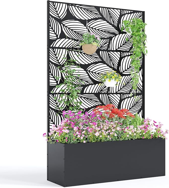 Metal Raised Garden Bed with Trellis Privacy Screen – Large 15.8 Deep Black Planter for Climbing Plants &amp Vegetables – Galvanized Steel Drainage Holes – 118x40x180cm Birch Leaf Design