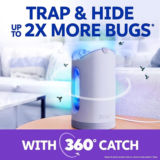 Zevo MAX Bug Catcher &amp Fly Trap for Indoors - Flying Insect Trap for Gnats House &amp Fruit Flies - Use in Any Room - No-Mess Disposal (2 Plug in Bases &amp 3 Cartridges)