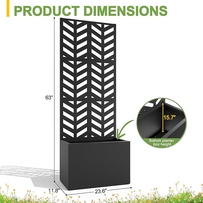 FENCY Metal Planter Box with Trellis Planter Trellis for Climbing Plants Vegetable Vines Trellis with Planter Box &amp Privacy Screen Raised Garden Bed with Drainage Holes (23.6 L x 63 H/Arrow)