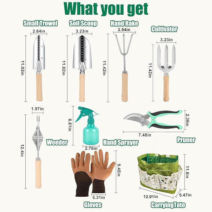 Garden Tool Set 9 Pcs Heavy Duty Stainless Steel Gardening Hand Tool Green Garden Tool Bag Kit Gardening Supplies Gifts for Women Men Mom Dad Gardener Beginner