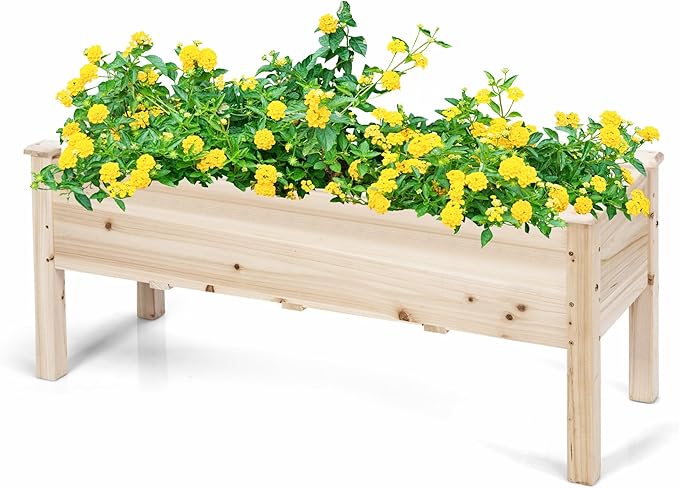 Raised Garden Bed Wood Elevated Planter Box Stand w/Legs &amp Drainage Holes for Vegetables Outdoor Plant Container for Backyard Patio Balcony Greenhouse Easy Assembly 47.5 x 17 x 20