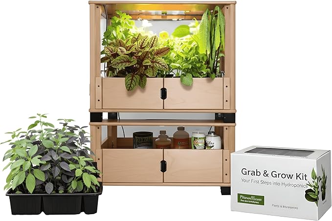 Hydroponic Home Garden Farm with LED Grow Lights + Grab &amp Grow Kit Included | Organic Microgreens Herbs &amp Vegetables | Real Wood Design | Stackable Mess-Free Year-Round Harvest (Natural)