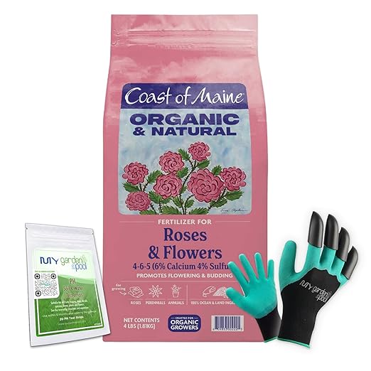 Coast of Maine RF6001 Rose &amp Flower Plant Food 4 LB – Organic Bloom Enhancing Fertilizer for Colorful Blooms with My Garden Pool Soil Test Strips &amp Claw Gardening Gloves