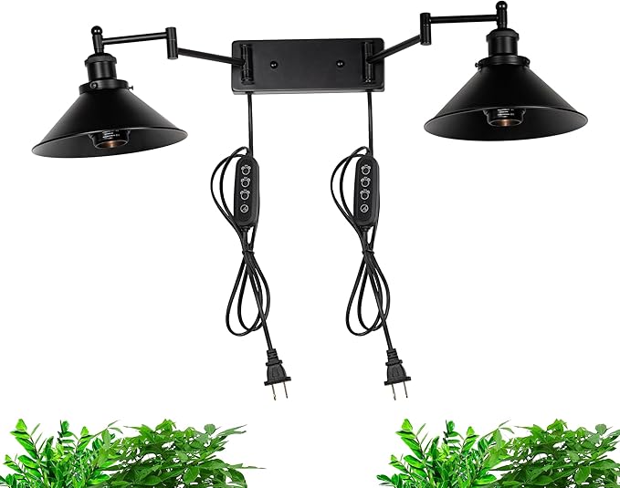 Adjustable Left/Right Extension Wall Sconce 10W 4500K Full Spectrum15-60° Beam 15Ft Timer Cord Industrial Style Black Metal Cone Shade for Indoor Plants