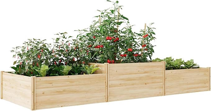 AMERLIFE 2 Tier Raised Garden Bed Mortise &amp Tenon Structure 23 Inch Depth Fir Wood Planter Box 3-Section with Open Base Ideal for Vegetables Flowers Herbs in Backyard/Garden/Patio 142x49x24