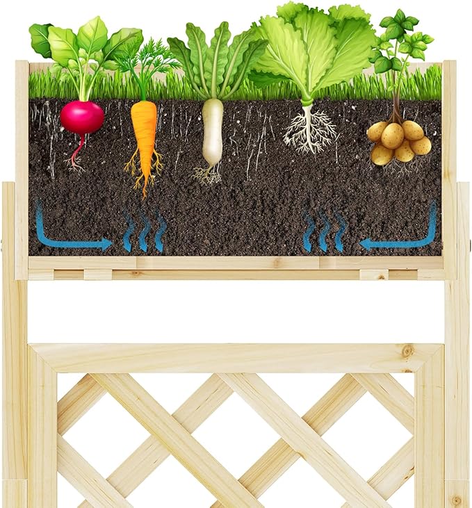 Raised Garden Bed with Diamond Lattice TrellisWood Planter Box Stand for Backyard Patio BalconyOutdoors (Natural)