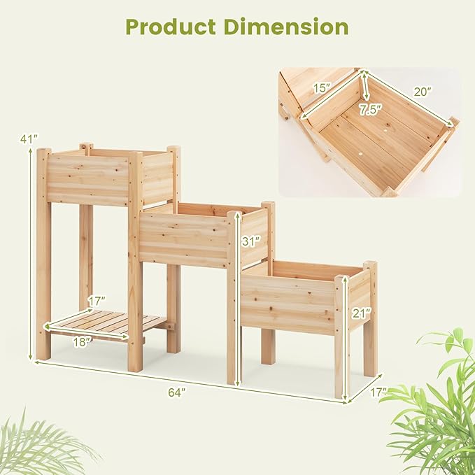 3-Tier Raised Garden Bed with Legs Fir Wood Garden Bed with Drainage Holes Indoor &amp Outdoor Elevated Standing Bed w/Open Storage Shelf Vegetable Flower Herb Raised Planter Boxes