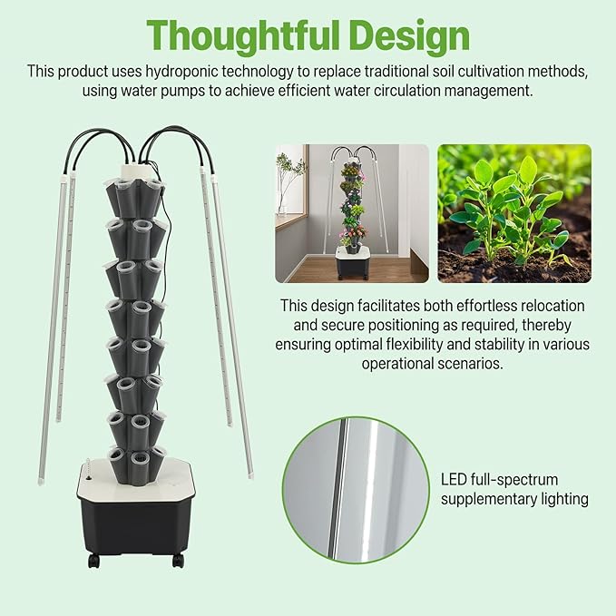 Hydroponic Growing System Kit 40 Plants 5-Layer Vertical Hydroponic Tower with LED Light Vertical Hydroponics Garden Tower with Pump &amp Water Level Gauge for Herbs Vegetables Fruits (Grey)