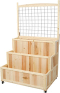 3-Tier Raised Garden Bed Vertical Planter Box with Trellis Rolling Flower Herb Vegetable Planter on Wheels Mobile Garden Box with Storage Area Outdoor Wood Plant Stand with Drainage Holes Natural Wood