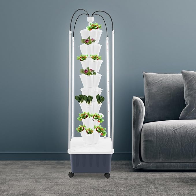 8-Layer Hydroponic Growing Tower with 40 Plant Sites &amp 4 Adjustable LED Grow Lights High-Efficiency Water Cycle System for Home School or Lab Use (White)