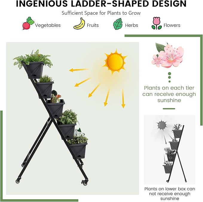 Giantex Set of 2 Vertical Raised Garden Bed on Wheels Elevated Planter Raised Beds with Water Drainage Freestanding 5 Container Boxes for Vegetables and Flowers Growing Outdoor Indoor Patio Balcony