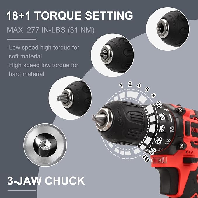 COMOWARE Cordless Drill Set 12V Power Drill 1 Battery 3/8 Keyless Chuck0-450 &amp 0-1500 RPM 10pcs Screwdriver Bits Red