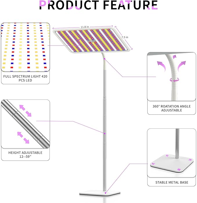 BESTVA 48W Grow Lights for Indoor Plants with Stand Full Spectrum LED Plant Light for Indoor Plants12-59 Inches Height Adjustable Growing Lamp with Auto On/Off Timer 4H/8H/12H 4 Dimmable Brightness