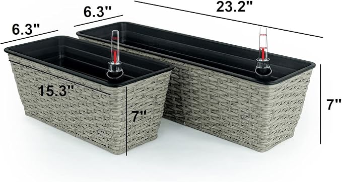 2 Pack Smart Self Watering Rectangle Planter for Indoor and Outdoor Hand Woven Wicker Gray