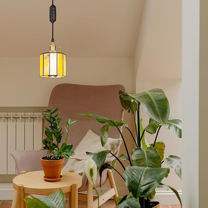 Adjustable Height Juno Track Light Pendants Full Spectrum AUTO 10W Plant Growing Lamp Orange Geometric Pattern Glass Tiffany Cover Timer for Indoor Basil Kitchen Green House Customizable