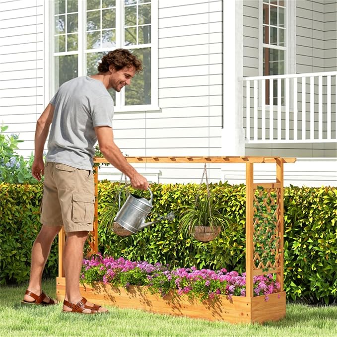 Pine Wooden Raised Garden Bed with Trellis &amp Flat Roof Planter Box for Climbing Plants Outdoor Planting Stand Roof Climbing Plant Support Raised Beds Backyard Planter Wooden Garden Planter