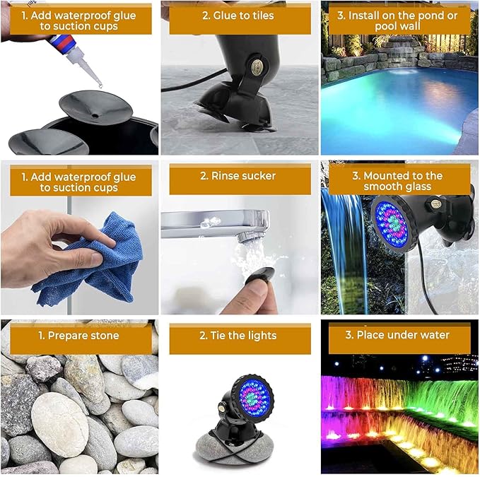 SHOYO Pond Lights Color Changing Spotlights with Timer Submersible Fountain Lights Memory Dim Adjustable IP68 Waterproof Underwater RGB for Outdoor Garden Yard Lawn Water Pond Fountain (Set of 10)