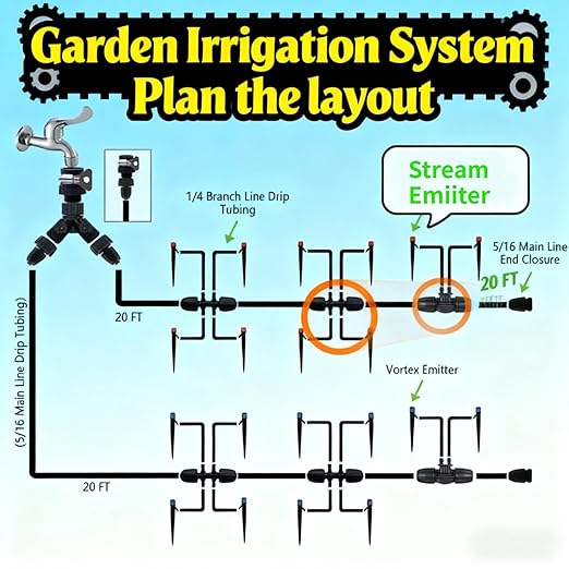 240FT Garden Drip Irrigation Kit - DIY Plant Watering System with 3 Adjustable Modes (Mist Drip Vortex Nozzles) 5/16 Mainline &amp 1/4 Tubing for Greenhouse Patio Raised Beds