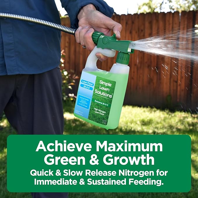 Maximum Green &amp Growth Fertilizer High Nitrogen 28-0-0 Liquid Lawn Food Spray Spring &amp Summer- Any Grass Type- Simple Lawn Solutions - Concentrated Quick &amp Slow Release Attached Sprayer (3
