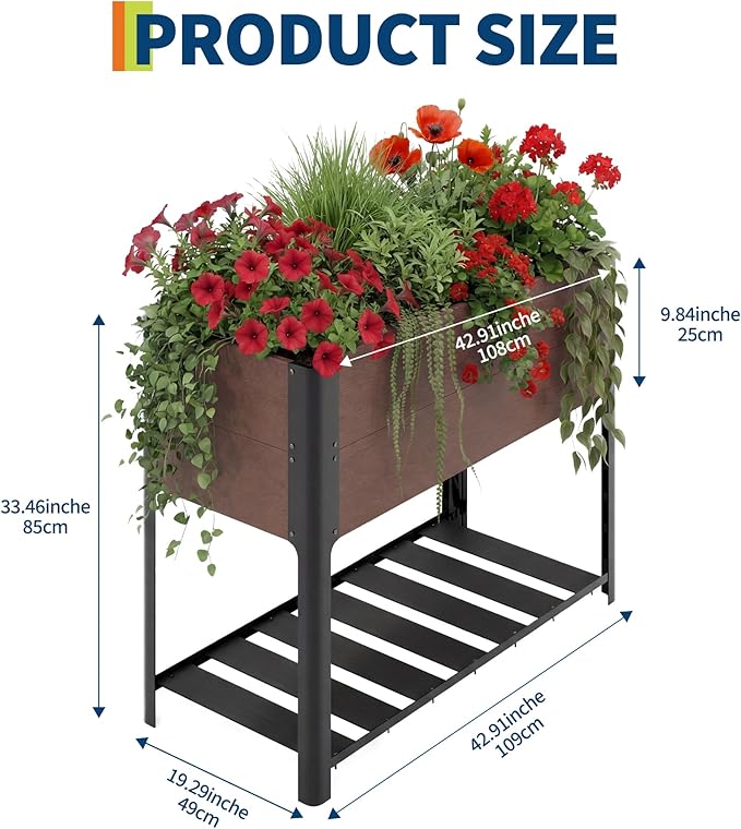 42 l x 33h HDPE Elevated Garden Bed with Storage Shelf - Wood Grain Finish All-Weather Standing Planter Box with Sturdy Black Aluminum Frame for Vegetables Herbs on Patio Balcony &amp Outdoors