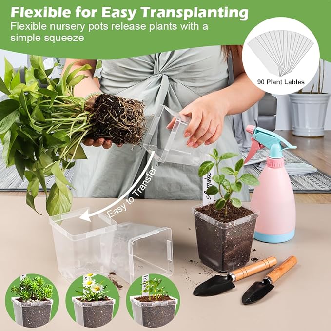 3.3 Inch Clear Nursery Pots with Drainage90 Pack Square Seedling Pots with Plant LablesReusable Seed Starter Pots for Succulents Transplanting Herbs Flowers Tomato Windowsill Gardening