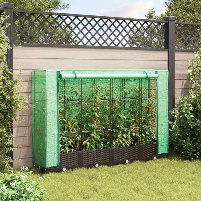 Raised Garden Bed with Greenhouse Cover Brown Polypropylene Polyethylene Iron 63x15.7x48.4 Inch Planter Box for Outdoor Plants Rattan Look