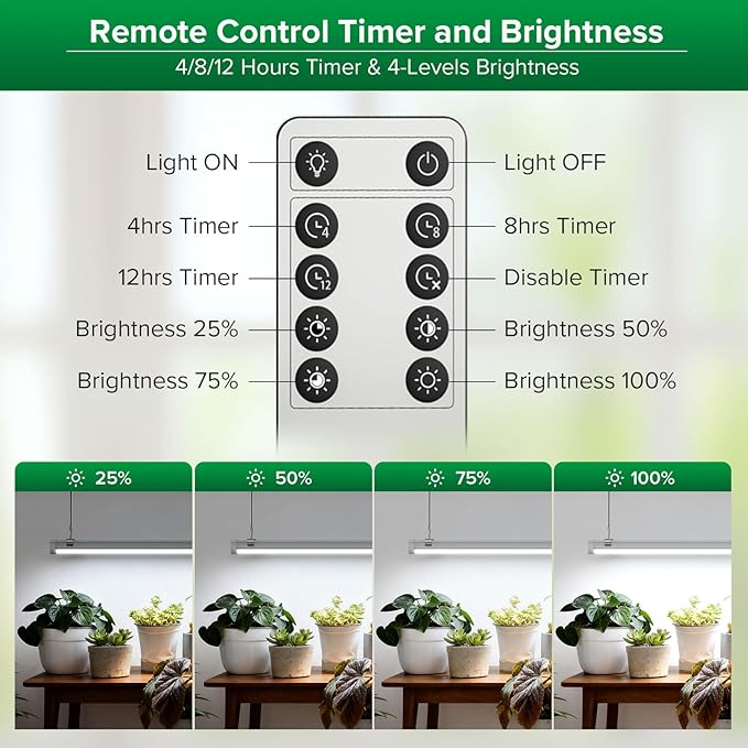 SANSI Grow Lights for Indoor Plants 25W Plant Lights for Indoor Growing 2FT 4000K Full Spectrum T8 LED Grow Light Strips with 4-Level Dimmable Auto On Off 4 8 12 Hrs Remote Control IP54 White