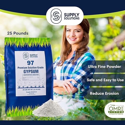 Supply Solutions Premium 97 Solution Grade Gypsum - Fast Acting Gypsum for Soil - Organic Calcium Sulfate Dihydrate - Gypsum Powder for Root Growth Lawns Mushroom Cultivation (25lbs)