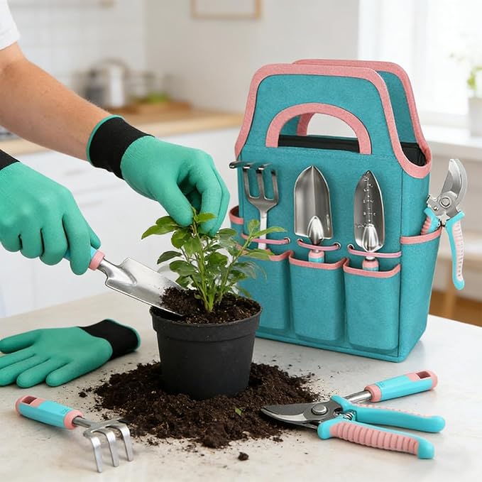 Garden Tool Set - Planting Gloves Trowel Rake Sturdy Hand Tools with Carry Tote Indoor Outdoor Lawn Backyard Patio Balcony Greenhouse Easy Gardening Kit for All Skill Levels