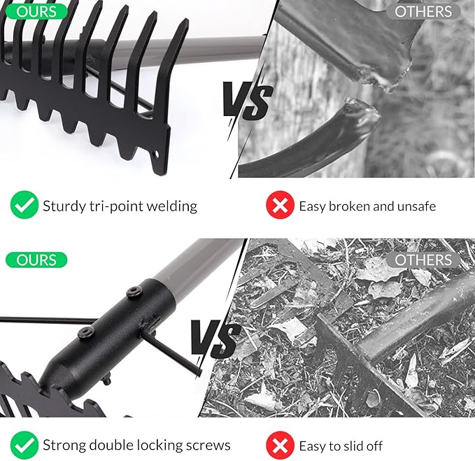 Walensee 5.4FT Bow Rake Heavy Duty Garden Rake with Stainless Steel Handle 17 Steel Tines Garden Tool for Loosening Soil Gathering Leaf Leveling Lawn Farming Land Management Yarn Thatch Rakes