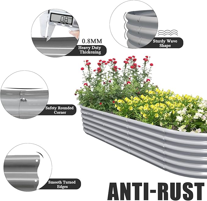 8 Pack 8x3x1.5FT Galvanized Raised Garden Bed Kit Oval Metal Ground Planter Box Outdoor Bottomless Planter Raised Beds for Vegetables Flowers Herbs Fruits Gray