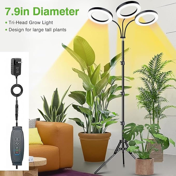 Focket Plant Grow Light 108 LEDs Height Adjustable Full Spectrum Grow Light for Indoor Plants Plant Growing Lamp with 3 9 12Hrs Auto Timer 6 Brightness &amp 10 Dimmable (US Plug 3 Heads 28W Use 3A