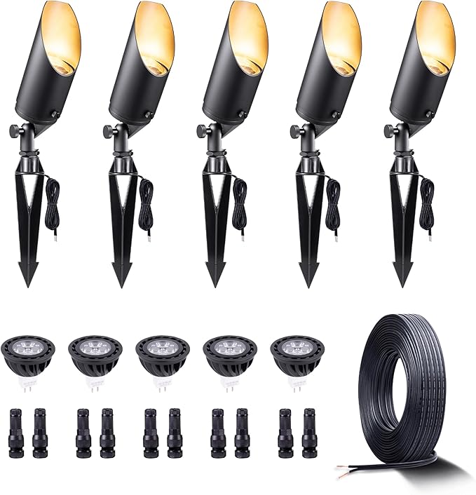 Gardenreet 12V Landscape Spotlight Bundle - 5 Pack Brass Spotlight 65FT 16/2 Cable Outdoor Waterproof LED Fixture for Garden Wall Tree with 5W 2700K Warm White MR16 Bulb