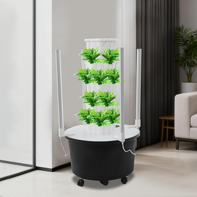 4 Tier 24 Hole Hydroponic Growing Tower with LED Grow Lights and Water Pump Indoor Vertical Garden Planter for Vegetables Herbs Strawberries White Black