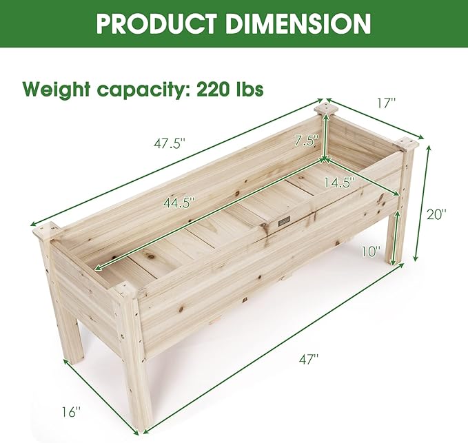 Raised Garden Bed Wood Elevated Planter Box Stand w/Legs &amp Drainage Holes for Vegetables Outdoor Plant Container for Backyard Patio Balcony Greenhouse Easy Assembly 47.5 x 17 x 20