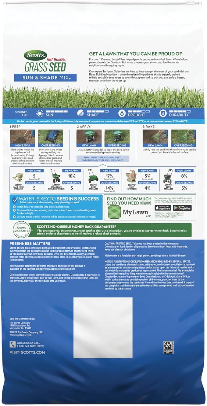 Scotts Turf Builder Grass Seed Sun and Shade Mix with Fertilizer and Soil Improver Thrives in Many Conditions 32 lbs.