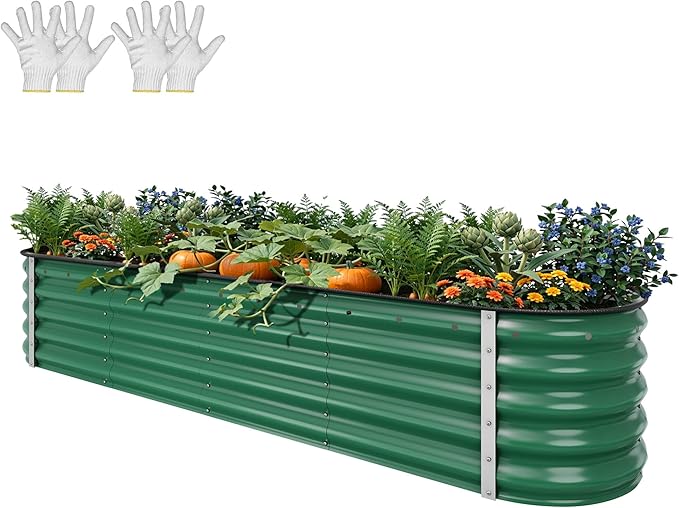 YITAHOME 17 Tall 9 in 1 Large Raised Garden Bed Kit 8x2x1.4ft Galvanized Metal Planter Box with Gloves &amp Safety Rubber Outdoor Above Ground Planters for Plants Vegetables Flowers Green