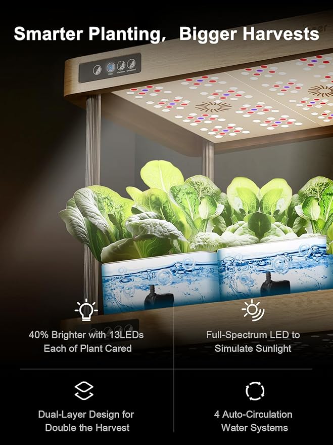 GROWNEER HydroEasy1.0 Hydroponic Growing System 2-Tier Indoor Garden with Full-Spectrum LED Grow Lights 32 Pods Solid Wood Design Independent Water Circulation Ideal for Vegetables Herbs Pine