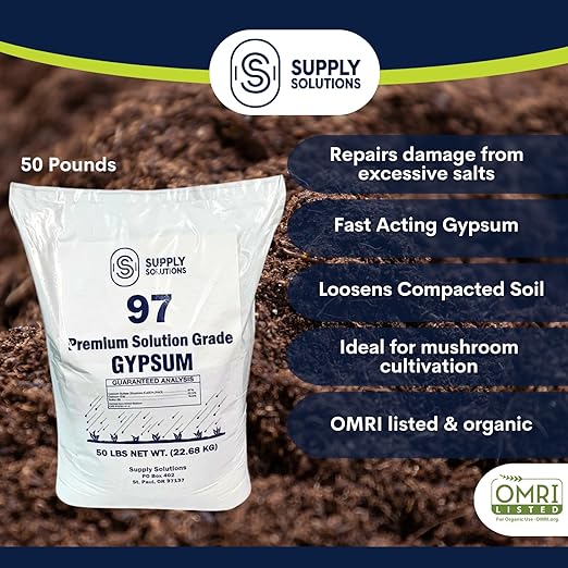 Supply Solutions Premium 97 Solution Grade Gypsum - Fast Acting Gypsum for Soil - Organic Calcium Sulfate Dihydrate - Gypsum Powder for Root Growth Lawns Mushroom Cultivation (50lbs)