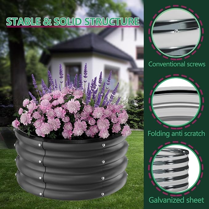 IDEALHOUSE Metal Raised Garden Bed 3 Pack 2×2×1 ft Round Outdoor Planter Boxes Durable Galvanized Steel Containers for Vegetables Fruits Flowers Open Bottom Easy Assembly Black