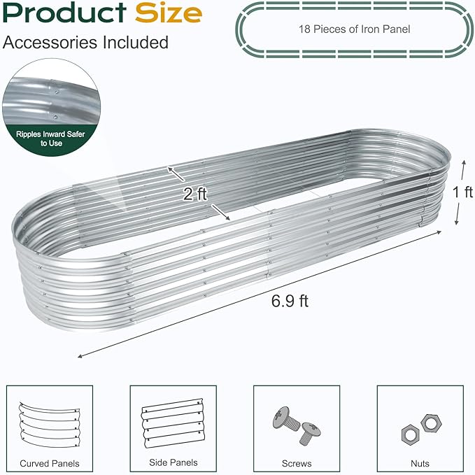 Aoodor Galvanized Raised Garden Bed Kit 6.9 x 2 x 1 Ft Oval Planter Box for Vegetables Flowers and Herbs Outdoor Use Silver